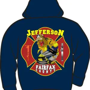 Hoodie with firefighter-themed graphic design.