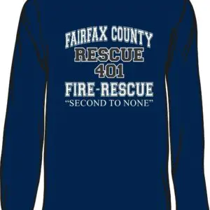 Blue rescue shirt with white printed text.