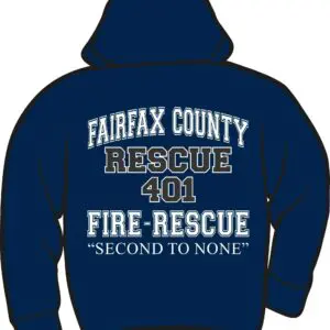 Navy hoodie with Fairfax County Fire-Rescue text.