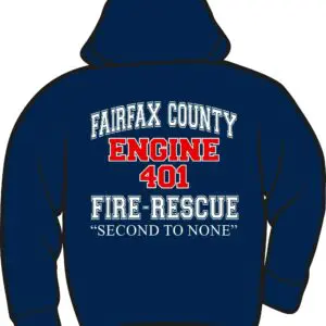 Navy hoodie with fire-rescue text design.