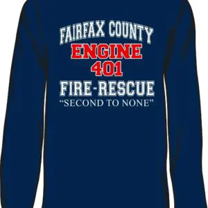 Blue shirt with fire-rescue text design.