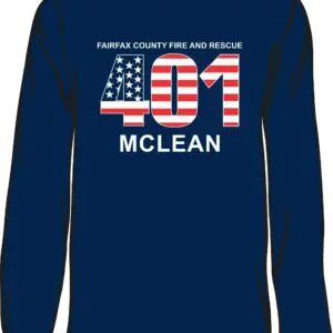 Blue shirt with "401 McLean" fire department.