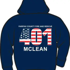Navy hoodie with Fairfax fire rescue design.