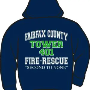 Hoodie with fire-rescue text and logo.