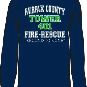 Blue Fairfax County fire rescue shirt.