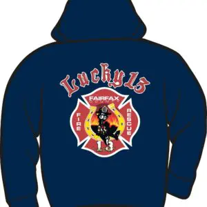 Blue hoodie with fire rescue emblem design.