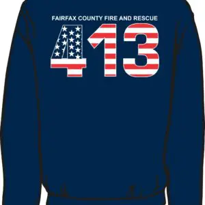 Blue sweatshirt with American flag design.
