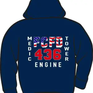Navy hoodie with FCFD design on back.