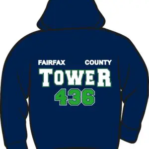 Navy hoodie with "Tower 436" text.