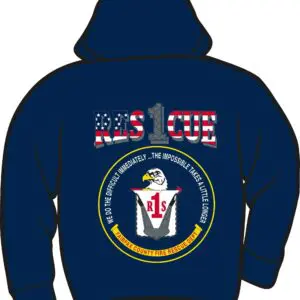 Navy hoodie with rescue-themed graphic design.