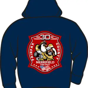 Hoodie with eagle and fire department logo.