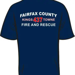 Blue fire and rescue T-shirt, back view.