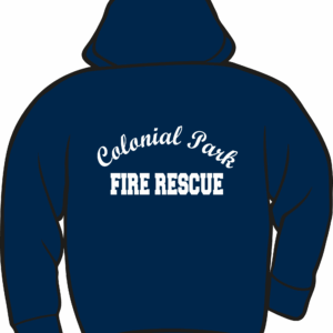 Blue hoodie with "Colonial Park Fire Rescue.