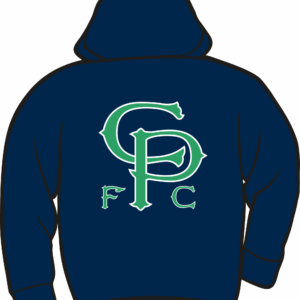 Blue hoodie with green CP logo.
