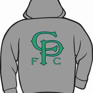 Gray hoodie with green "GPC" logo.