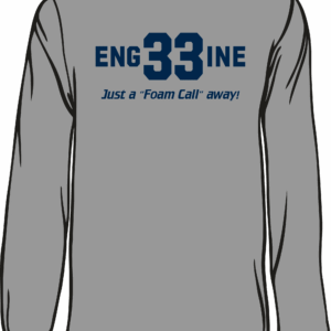 Gray long-sleeve shirt with blue text.