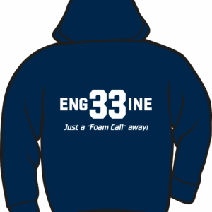 Navy hoodie with "Engine 33" text.