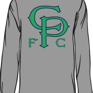 Gray long-sleeve shirt with green lettering.