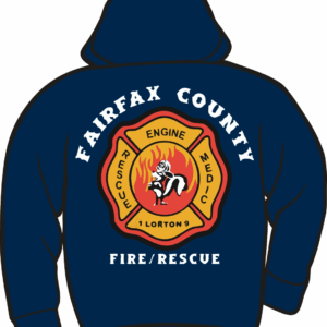 Firefighter hoodie with Fairfax County emblem.