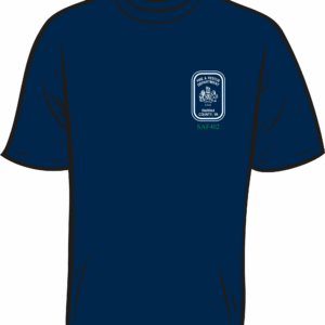 Navy blue t-shirt with embroidered badge.