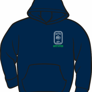 Navy blue hoodie with safety officer text.