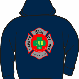 Navy hoodie with safety officer emblem.