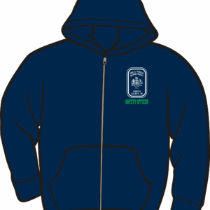 Dark blue hoodie with embroidered patch design.