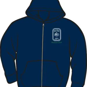 Navy blue hoodie with embroidered logo.