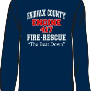 Navy shirt with fire rescue text design.