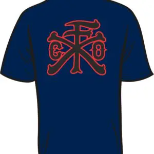 Blue T-shirt with red decorative emblem.