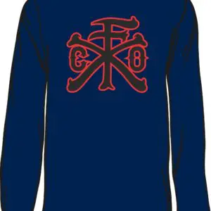 Blue shirt with red abstract design.