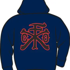 Navy hoodie with red emblem design.