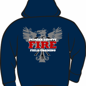 Blue hoodie with fire training emblem.