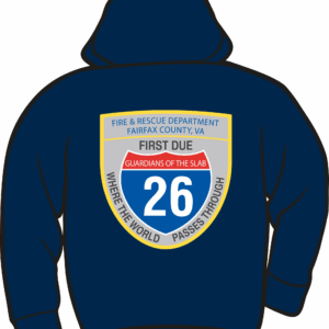 Blue hoodie with fire department badge.