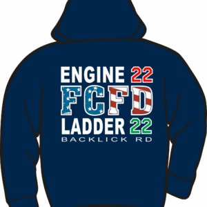 Blue hoodie with "Engine 22" and "FCFD.