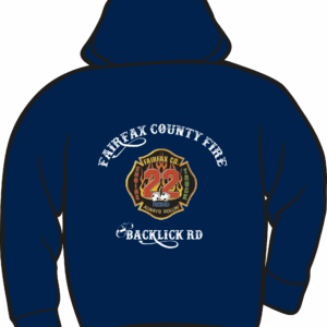 Navy hoodie with Fairfax County Fire emblem.