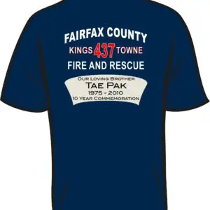 Blue commemorative fire and rescue T-shirt.