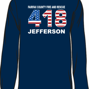 Navy shirt with "418 Jefferson" design.