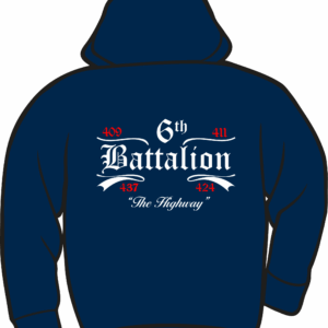Navy hoodie with "6th Battalion" text.