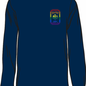 Blue long-sleeve shirt with colorful logo.