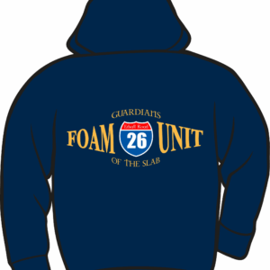 Blue hoodie with "Foam Unit" logo design.