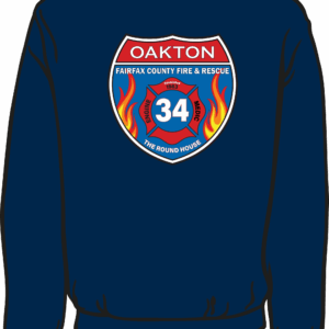 Blue sweatshirt with fire rescue emblem.