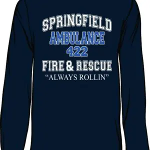 Navy shirt with Springfield Ambulance print.