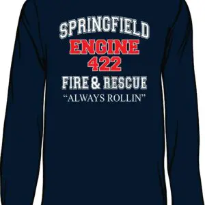 Navy shirt with fire department text design.