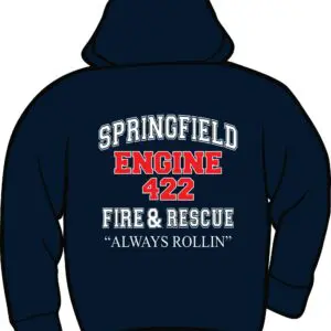 Navy hoodie with fire rescue text design.