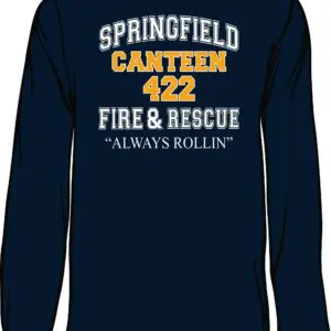 Navy shirt with fire and rescue text.