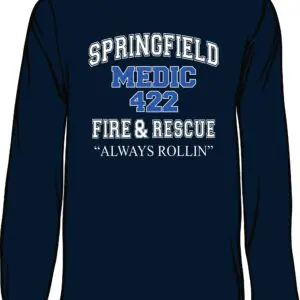 Navy shirt with Springfield fire rescue text.