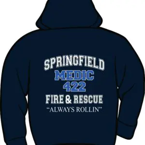 Navy hoodie with fire and rescue design.