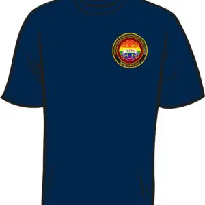 Navy blue T-shirt with circular emblem.