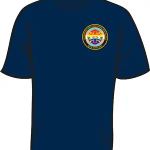 Blue t-shirt with colorful emblem design.